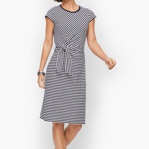 TALBOTS NAVY WHITE STRIPE TIE FRONT FAUX WRAP DRESS WOMENS SMALL PETITE